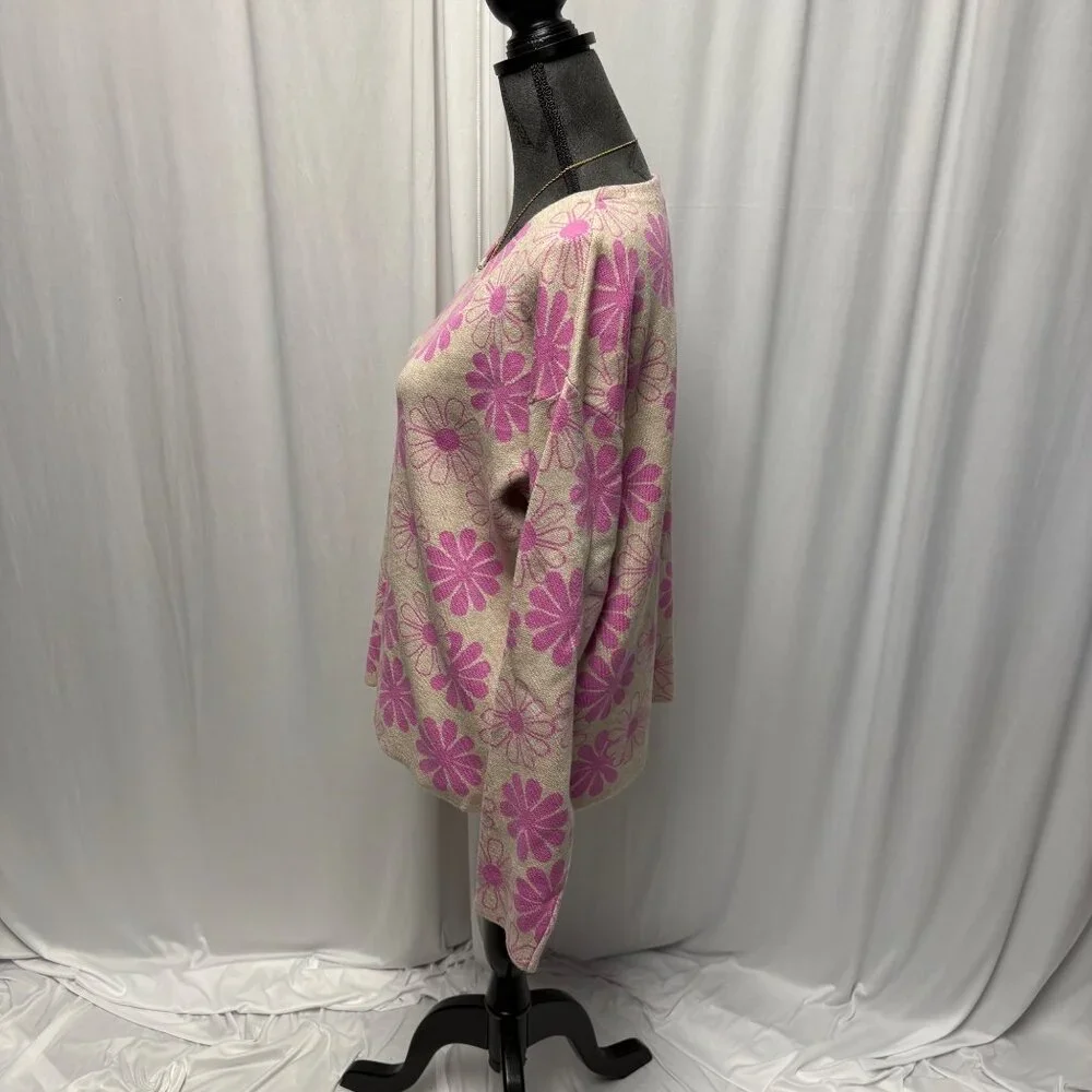 Rachel Zoe Sweater Womens Sz Large Pink Beige Floral Long Sleeve Retro Whimsical - Picture 3 of 7